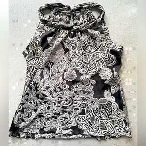 Vintage black and white sleeveless paisley twisted neck halter silky top